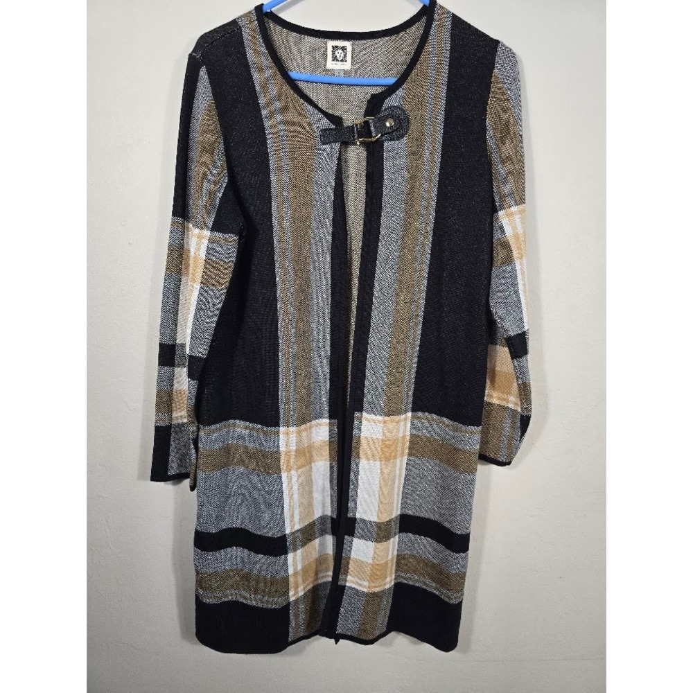Anne Klein Plaid Cardigan Duster‎ Open Front Long Sleeve Black Tan Gray S